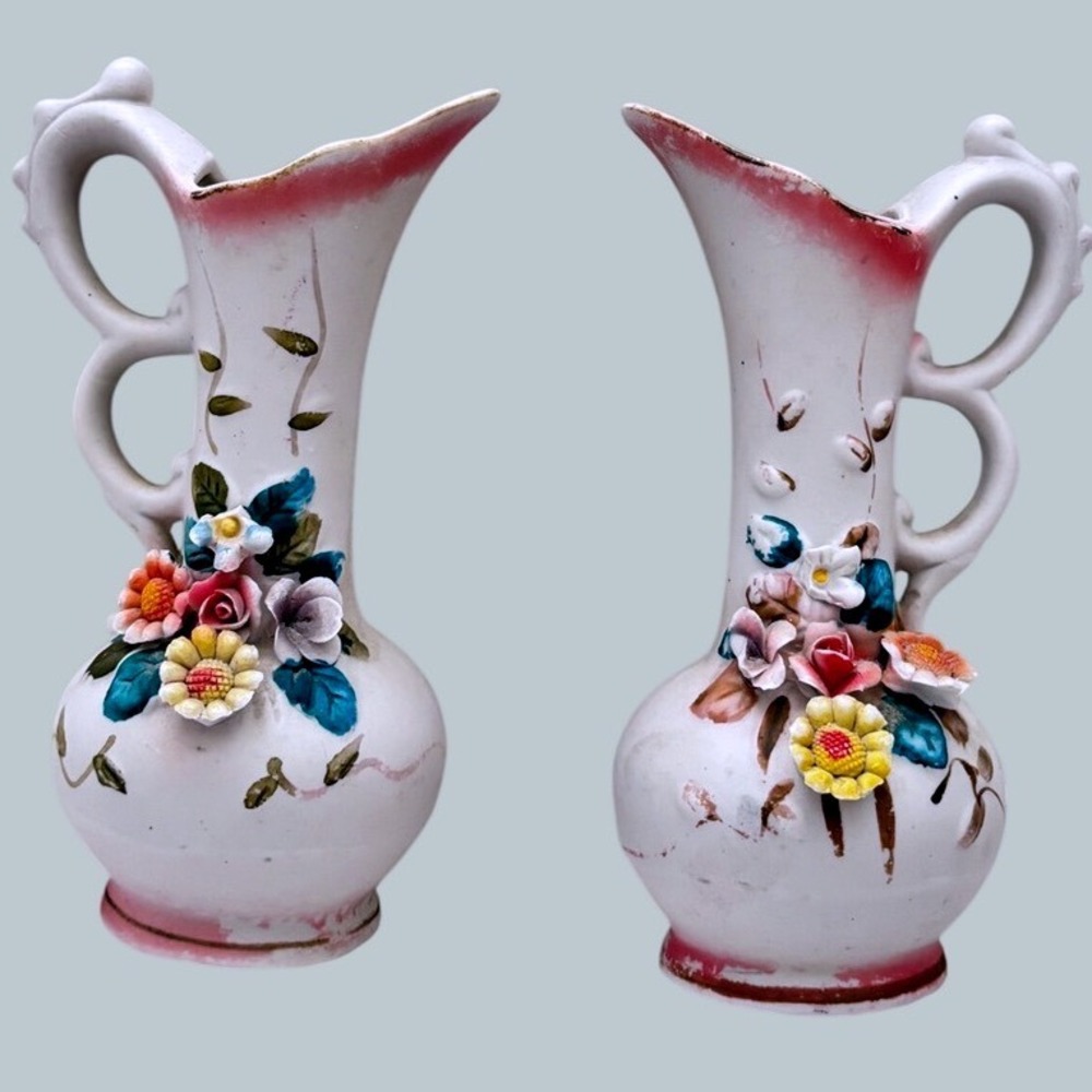 Vintage INTERPUR Taiwan Porcelain Floral Ewer Vase Pair Applied Flowers 8"